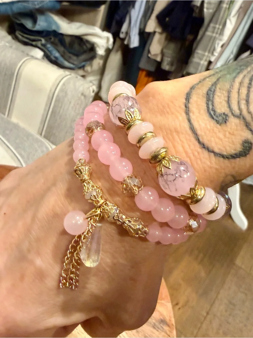 Pink Beaded Gold Accent Stretch Bracelet Set
